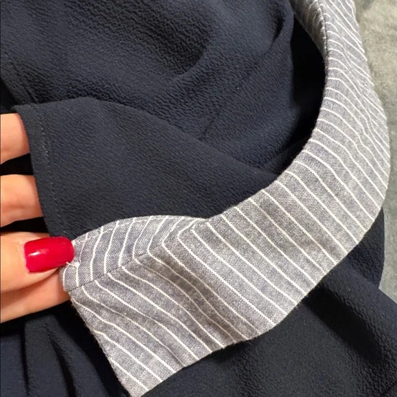 Navy Preppy Style Blouse / Attached Pin Stripe Sleeves & Collar - Picture 10 of 11